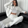 Women's Casual Tracksuit Set Long Sleeve Half-Zip Crop Top & Striped Wide-Leg Pants
