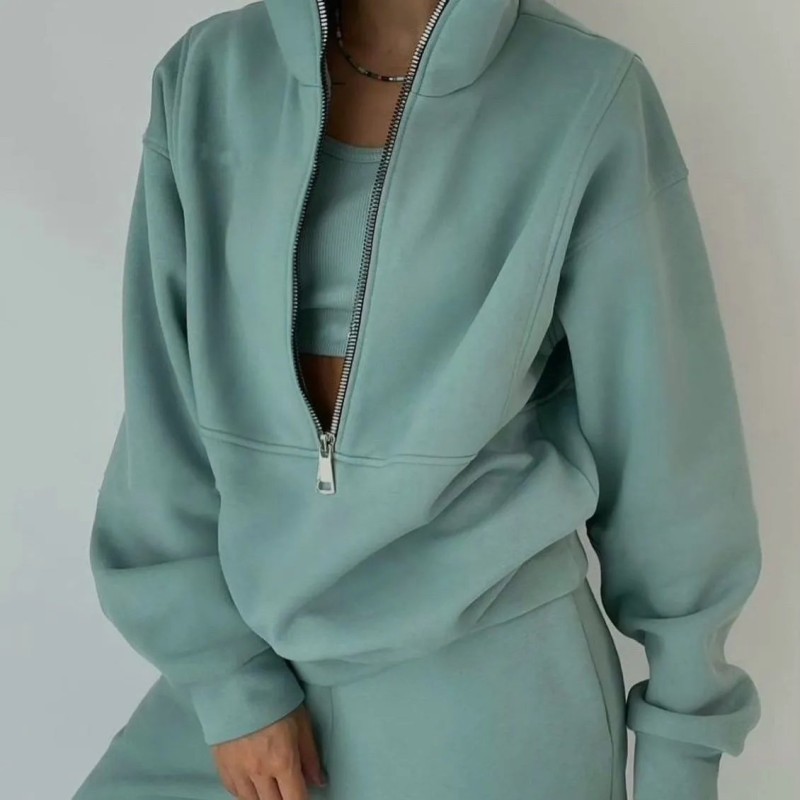 Women's Fleece Tracksuit Set Solid Color Half-Zip Crop Top & High-Waisted Pants