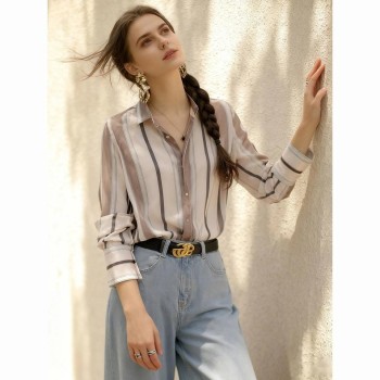 Women's 2026 Vintage Striped Polo Collar Shirt Loose Fit Casual Long Sleeve Blouse