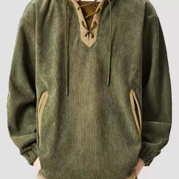Unisex American Retro Corduroy Color Block Hoodie Oversized Fleece-Lined Sweatshirt