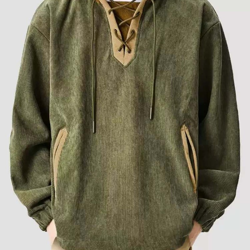 Unisex American Retro Corduroy Color Block Hoodie Oversized Fleece-Lined Sweatshirt