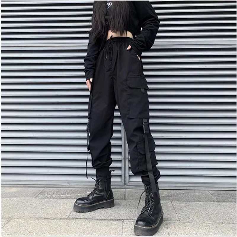 Women's Black Cargo Pants - High-Waisted Slim Fit Ankle-Length Cotton Streetwear Joggers