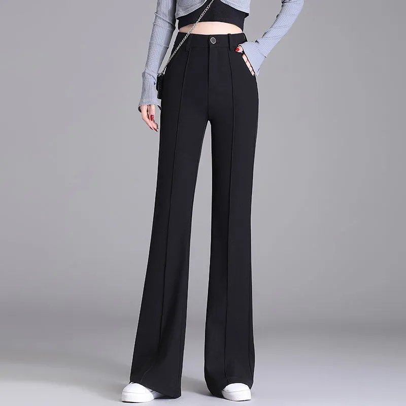 Women's Black Suit Pants - High-Waisted Slim Fit Flared Hem Trousers