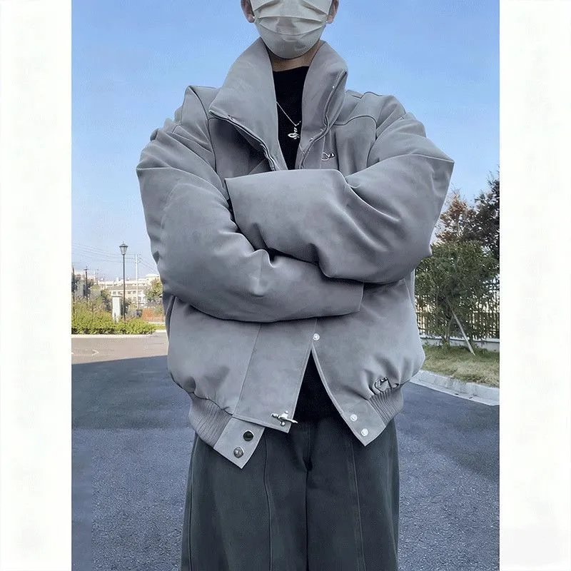 Men's American Tie-Dye PU Leather Puffer Jacket - High Street Stand Collar Bomber Coat