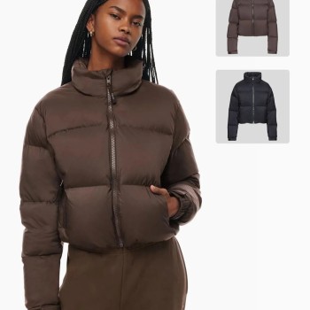 Women's Short Puffer Jacket - Stand Collar Loose Fit Duck Down Coat for Petite Figures