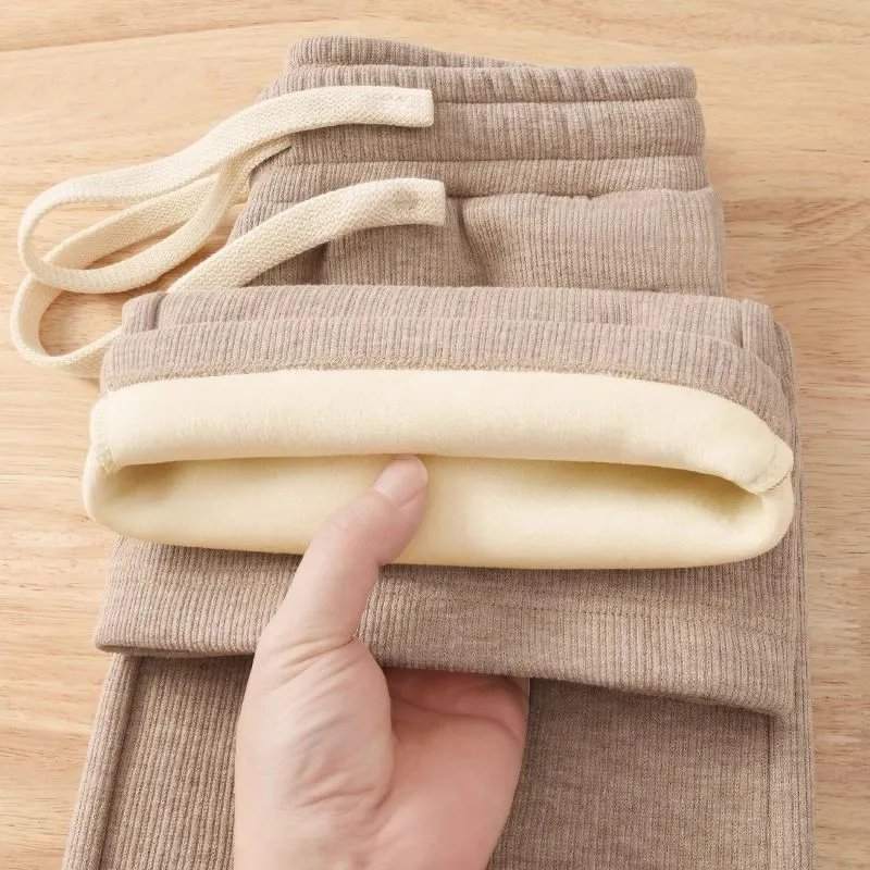 Women's Fleece Lined Wide Leg Pants - High Waisted Imitation Cashmere Straight Trousers