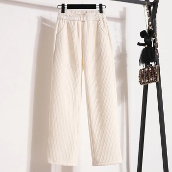 Women's Petite Fleece Lined Chenille Wide Leg Pants - High Waisted Narrow Cut Straight Trousers