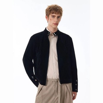 Unisex Retro Coffee Suede Harrington Jacket Relaxed Fit Stand Collar Windproof Casual Short Coat