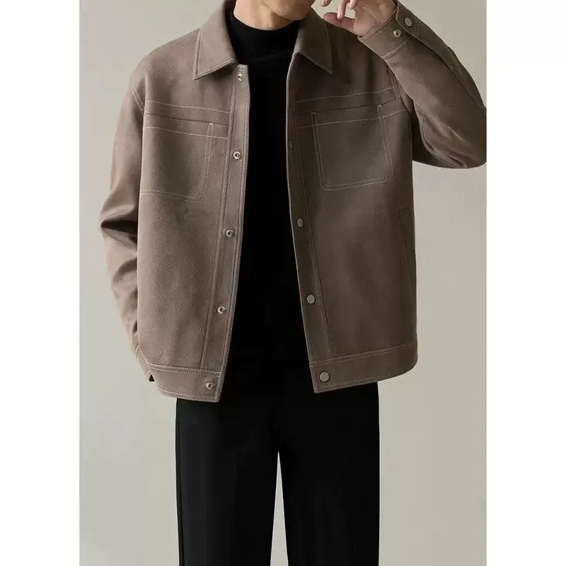 Men's Relaxed Fit Casual Lapel Jacket Premium Contrast Stitch Short-Sleeve Solid Color American Style Outerwear