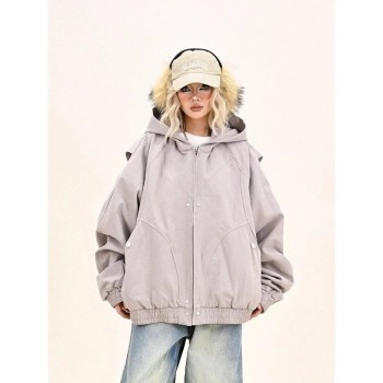 Women's Grey Cargo Hooded Jacket Relaxed Fit BF Style American Streetwear