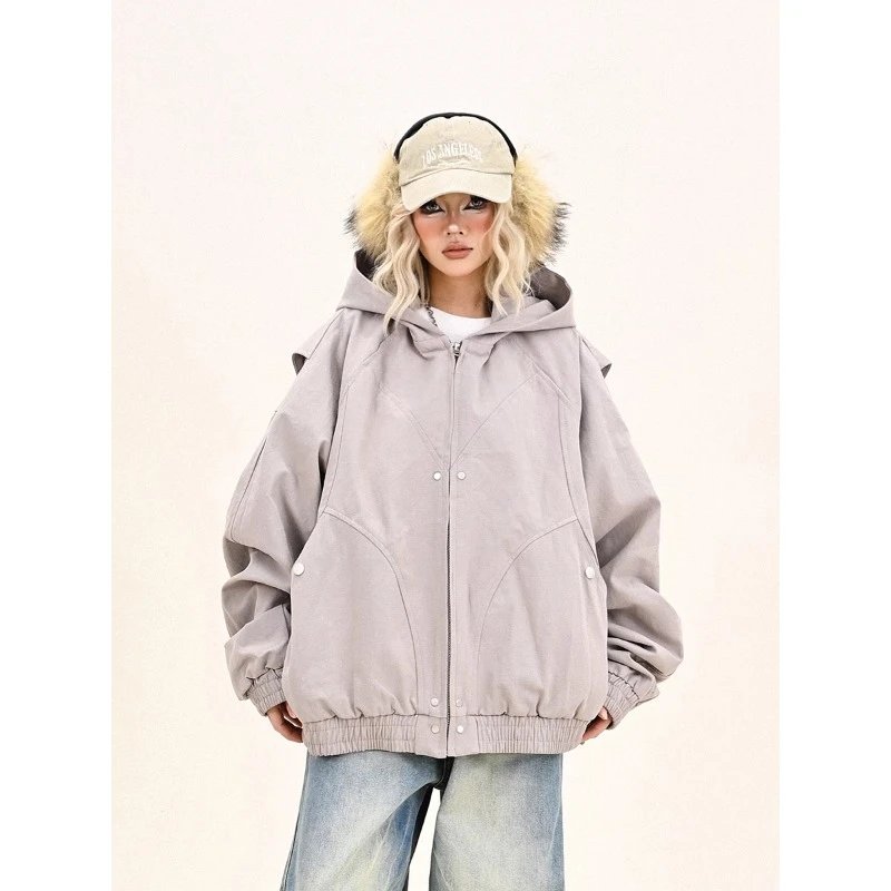 Women's Grey Cargo Hooded Jacket Relaxed Fit BF Style American Streetwear