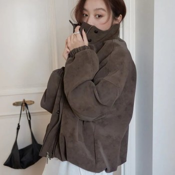 Women's American Retro Matte Faux Leather Jacket Oversized Stand Collar Casual Cool Chic Coat