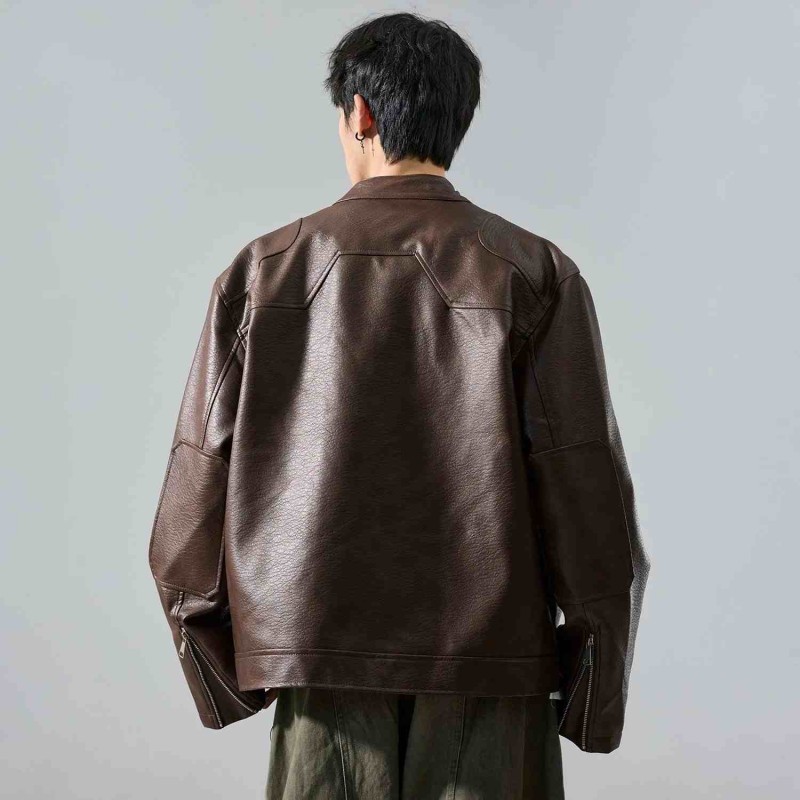 Men's American Retro Solid Color Short Jacket PU Leather Biker Coat Windproof Workwear Outerwear