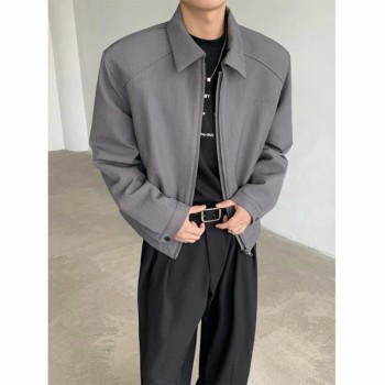 Unisex American Retro Padded Shoulder Blazer Jacket Relaxed Fit Casual Zip-Up Outerwear