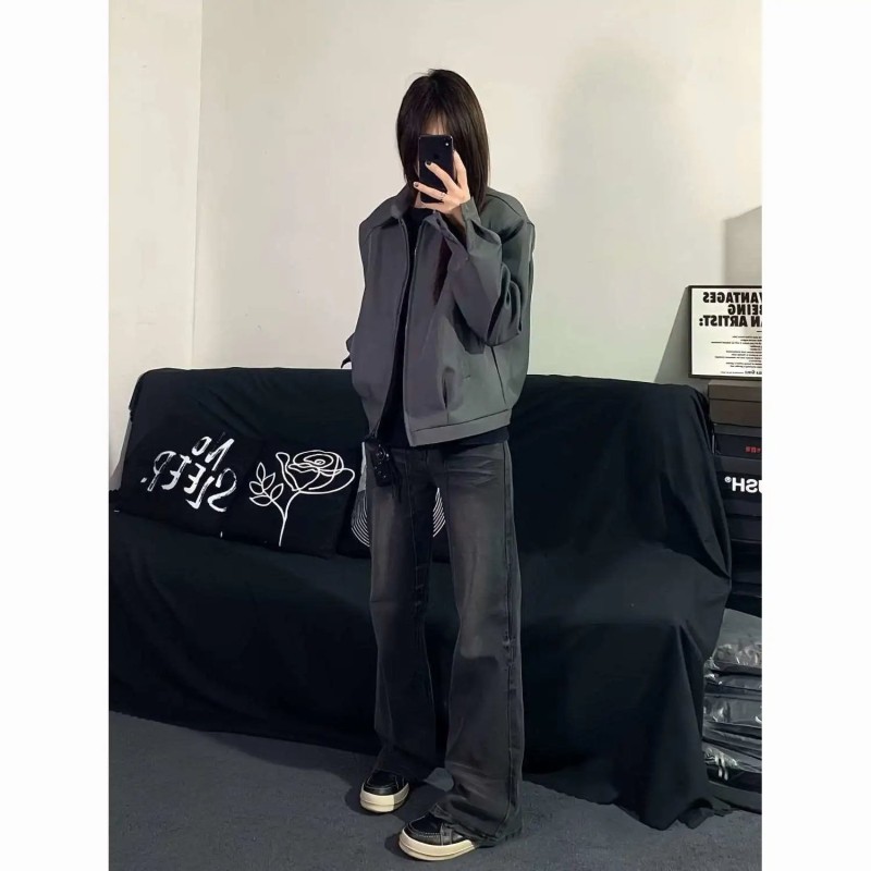 Unisex American Retro Padded Shoulder Blazer Jacket Relaxed Fit Casual Zip-Up Outerwear